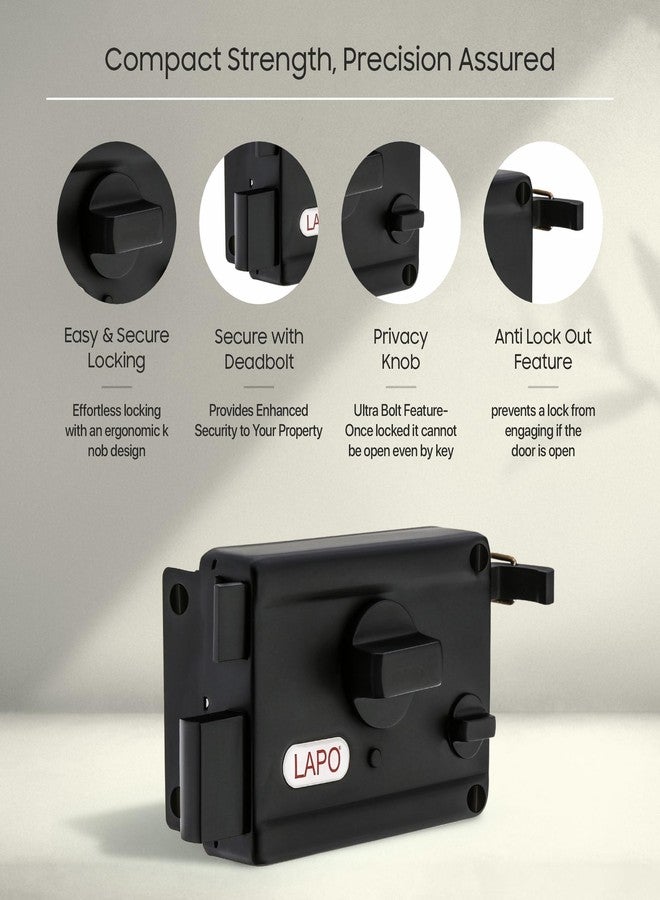 LAPO قفل حافة LAPO، مناسب للأبواب الرئيسية وأبواب الأمان، قفل مزلاج مزدوج شديد التحمل، مناسب للأبواب المفردة والمنزلقة وأبواب البوابات، لون أسود، 3 مفاتيح، مقبض قابل للعكس، ضمان 3 سنوات - Image 3